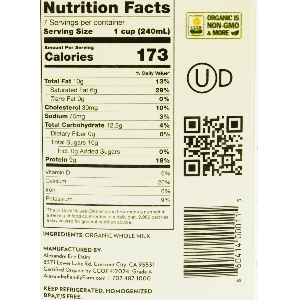 Alexandre Family Farm Eco Dairy A2/A2 2% Fat Organic Whole Milk