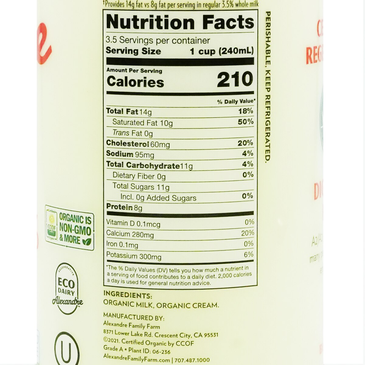 Alexandre Family Farm A2/A2 6% Fat Organic Milk (28fl.oz) | T&T