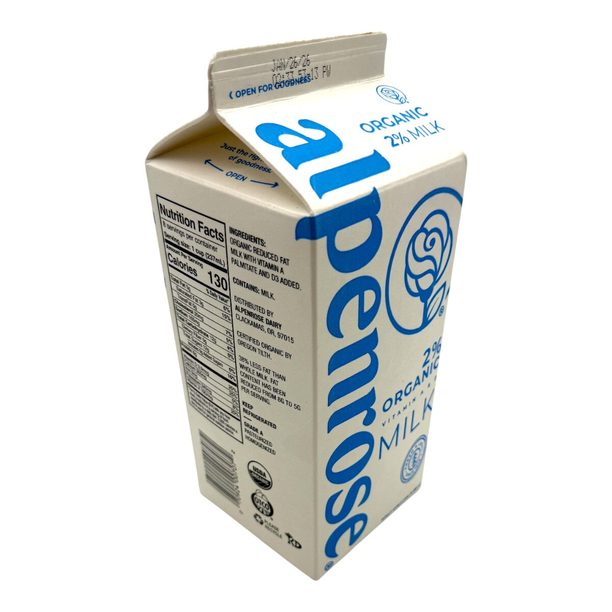 Alpenrose Organic 2% Milk (64fl.oz) ｜ 大統華超級市場美國